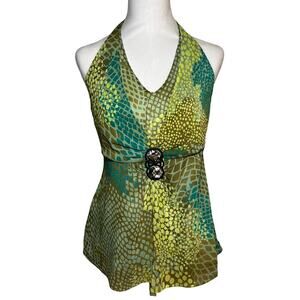 Vintage Y2K Halter Top Green Blue Yellow Brown Size 10 Boho Fairy Jewel Gem Tank